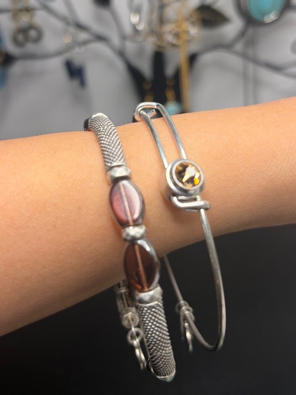 Alex and Ani Silver Tone Bangle + Beaded Bracelet Stack Set of 2